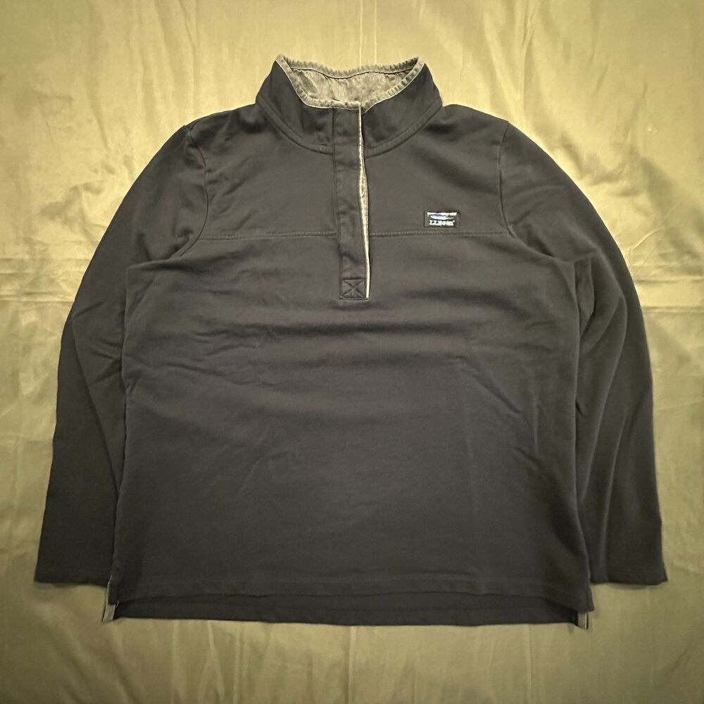 LL Bean Sweater Mens XL Quarter Button Pullover Jersey Navy Blue Hiking Outdoors